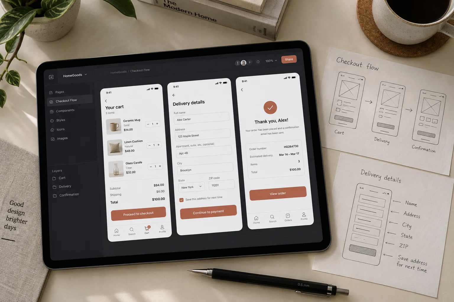 Checkout interface designs on a tablet alongside paper user-flow sketches.