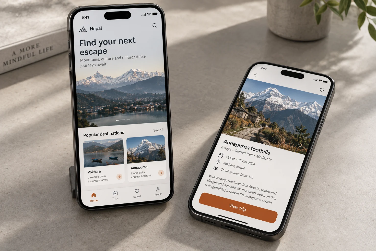Nepal travel booking app concept displayed on two phones, with destinations and trip details.