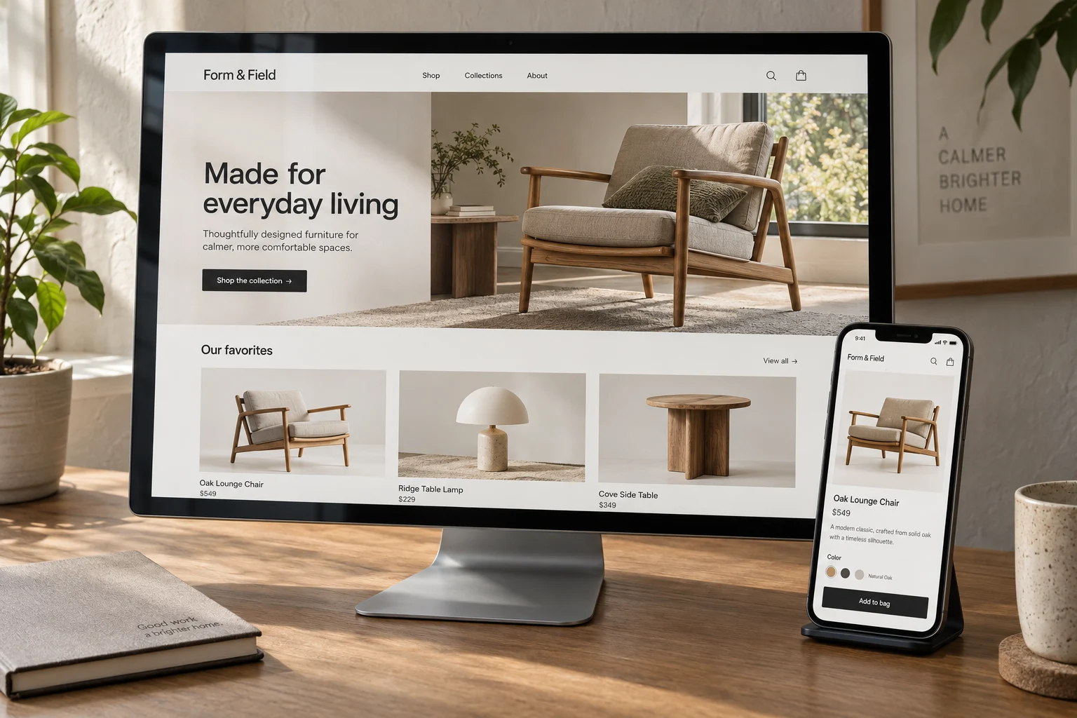 Furniture ecommerce concept displayed on a desktop monitor and phone in a real-world desk setting.