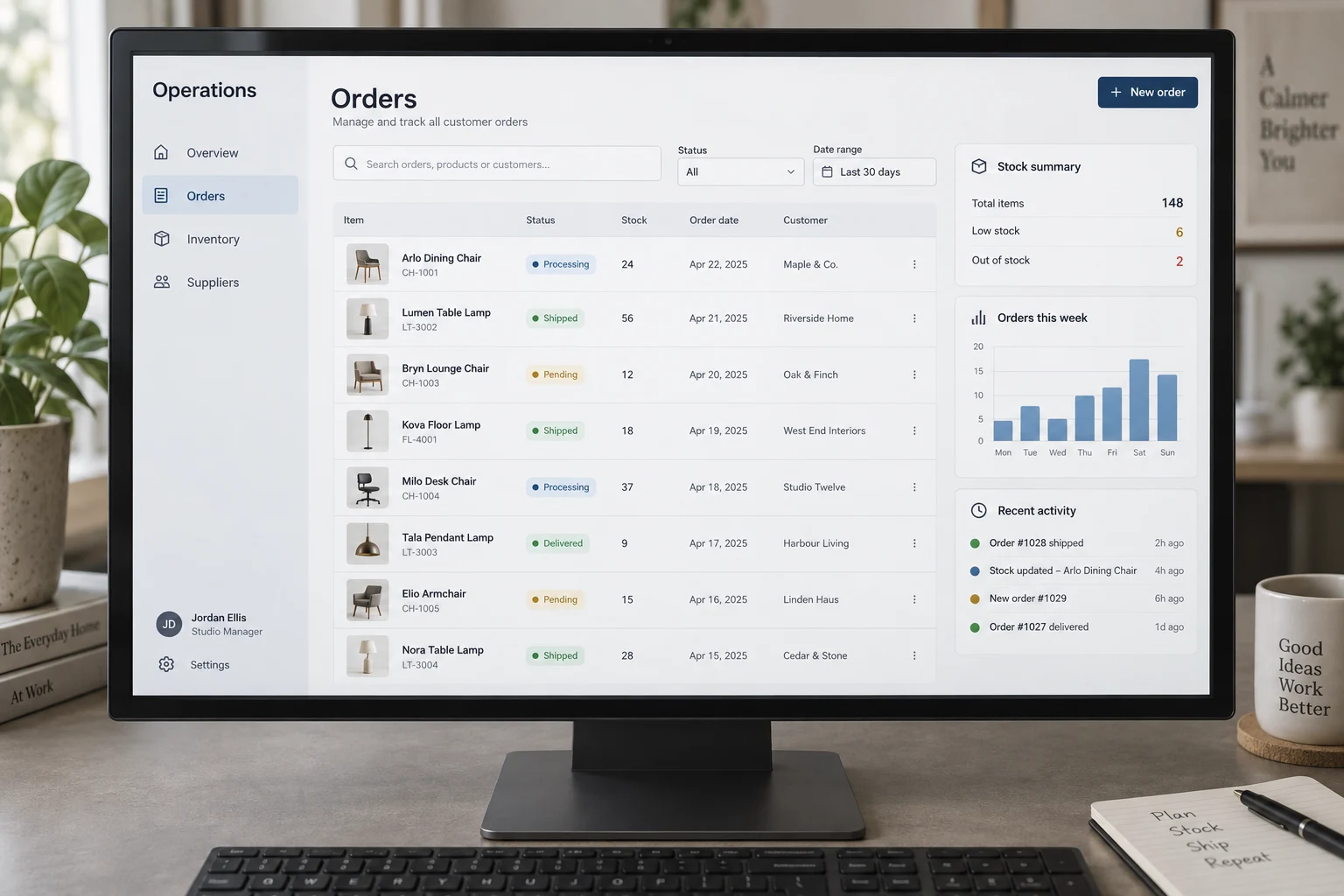 Inventory and order management software concept displayed on a desktop monitor.