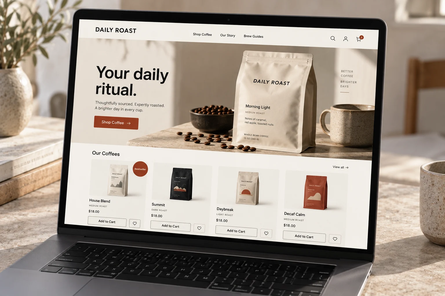 Coffee shop ecommerce concept displayed on a laptop, with packaged products and a clear shopping interface.